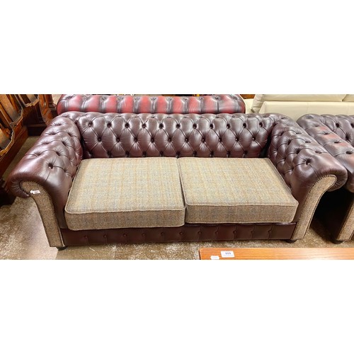 609 - Chesterfield wine leather Tweed upholstered three seater settee & two armchairs