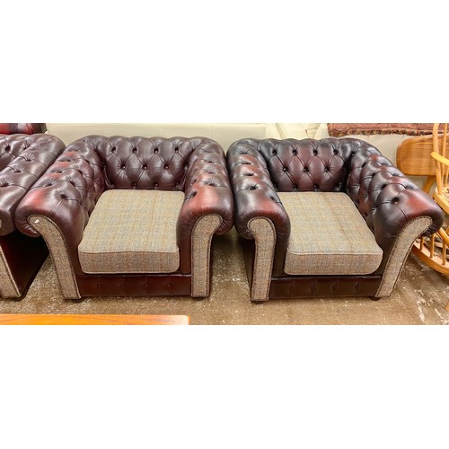 609 - Chesterfield wine leather Tweed upholstered three seater settee & two armchairs