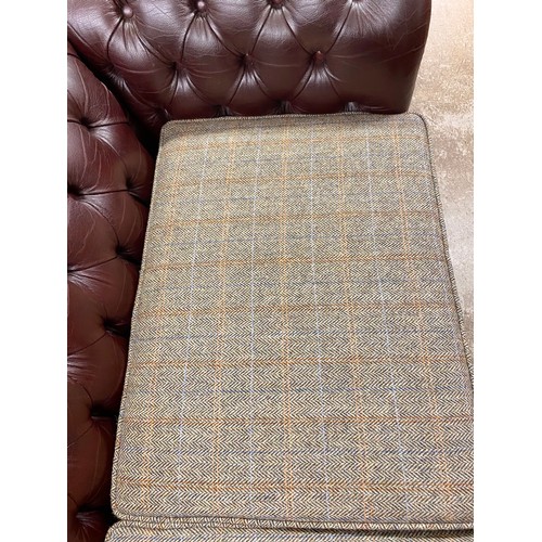 609 - Chesterfield wine leather Tweed upholstered three seater settee & two armchairs