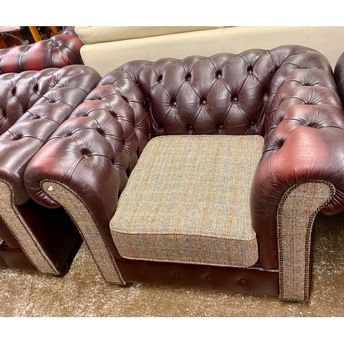 609 - Chesterfield wine leather Tweed upholstered three seater settee & two armchairs