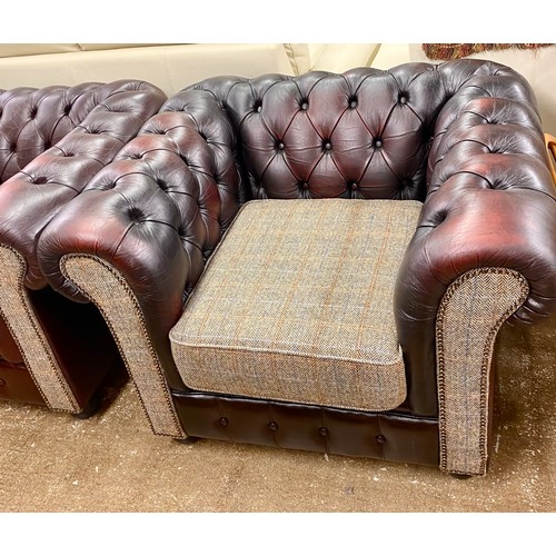 609 - Chesterfield wine leather Tweed upholstered three seater settee & two armchairs