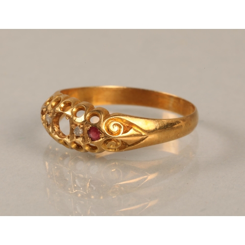 184 - 18ct gold ring, set with diamond chips and a pink gem, some stones missing, gross weight 2.2g