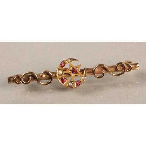 208 - 9ct gold bar brooch with swallow design (3.7g), and another yellow metal brooch set with pink gems a... 