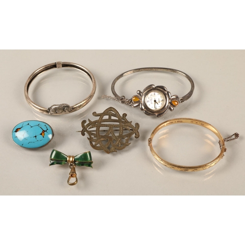 210 - Assorted jewellery some silver, brooches, bangle with hog design, enamel bow watch fob, etc