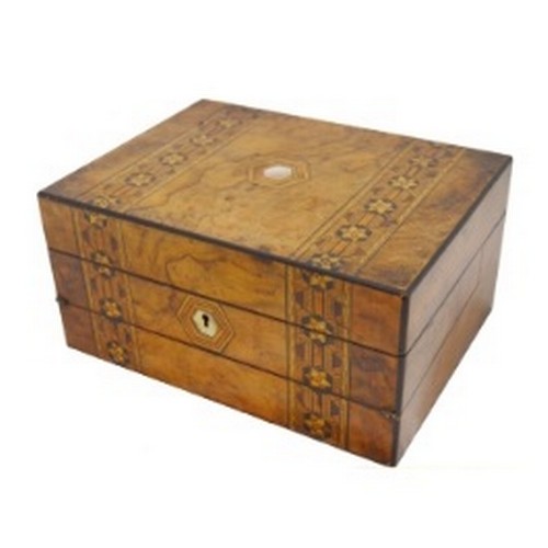 Victorian Tunbridge ware walnut marquetry sewing box with fitted interior.