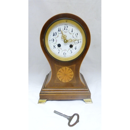 196 - Edwardian inlaid mahogany balloon-shaped bracket clock, with white enamel twin train dial, boxwood s... 