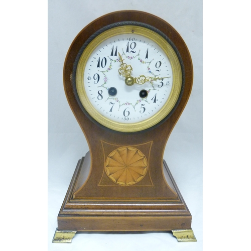 196 - Edwardian inlaid mahogany balloon-shaped bracket clock, with white enamel twin train dial, boxwood s... 