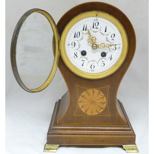 196 - Edwardian inlaid mahogany balloon-shaped bracket clock, with white enamel twin train dial, boxwood s... 