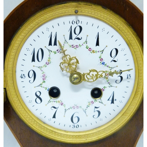 196 - Edwardian inlaid mahogany balloon-shaped bracket clock, with white enamel twin train dial, boxwood s... 