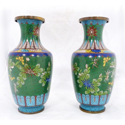 284 - Pair of Chinese cloisonné baluster vases on copper (Republic period), each with foliate and fern ena... 