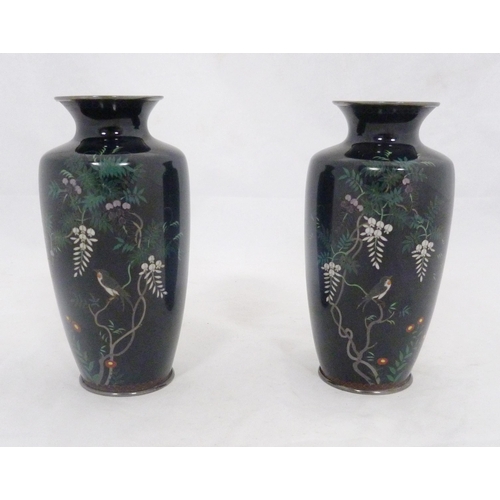 285 - Pair of Japanese silver and cloisonné vases (Meiji period, 1868 - 1912), the cylindrical bodies with... 