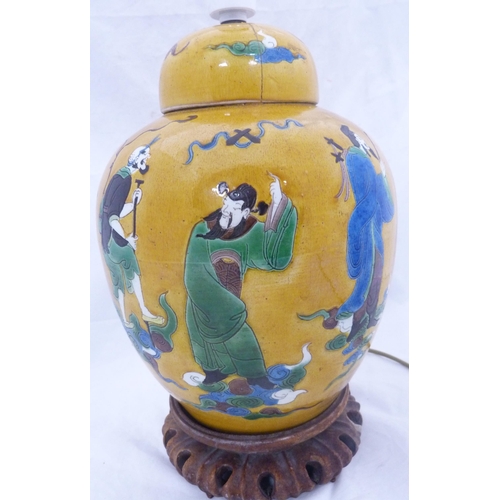 291 - Chinese sancai glazed pottery ginger jar/lamp (late Qing Dynasty) in the Kangxi manner, decorated wi... 