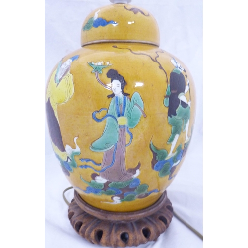 291 - Chinese sancai glazed pottery ginger jar/lamp (late Qing Dynasty) in the Kangxi manner, decorated wi... 