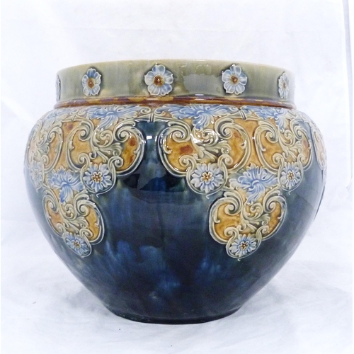 248 - Doulton stoneware jardinière with flowerhead roundels to the rim above foliate reserves to the glaze... 