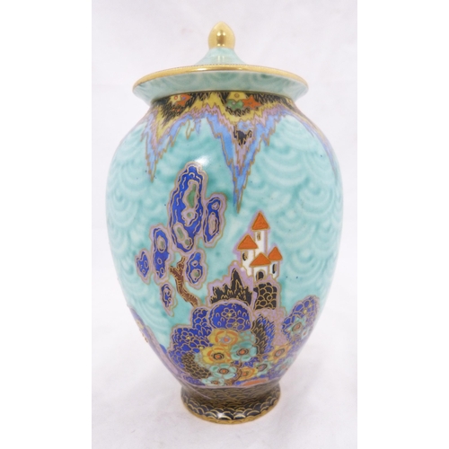 250 - Crown Devon Fieldings 'Mattajade Fairy Castle' ovoid vase and cover, c. 1930s, decorated with small ... 