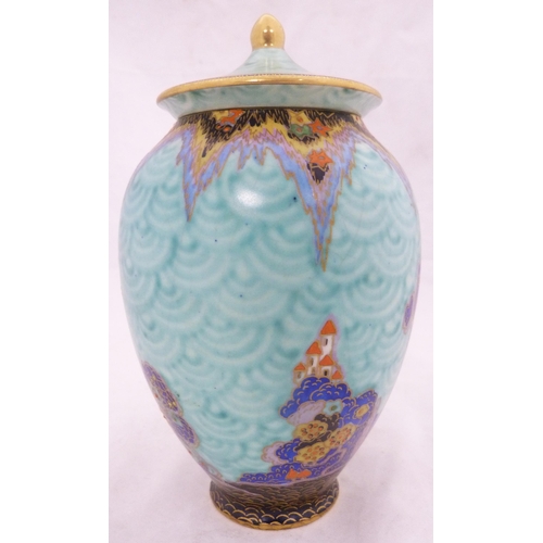 250 - Crown Devon Fieldings 'Mattajade Fairy Castle' ovoid vase and cover, c. 1930s, decorated with small ... 