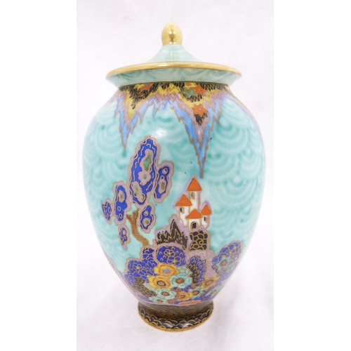 250 - Crown Devon Fieldings 'Mattajade Fairy Castle' ovoid vase and cover, c. 1930s, decorated with small ... 