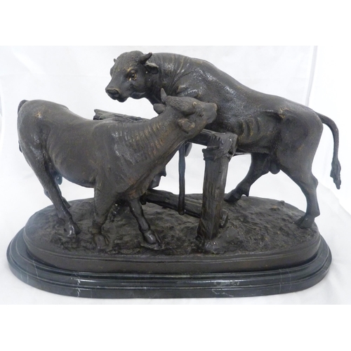 380 - After Pierre-Jules Mêne (French, 1810 - 1879)Cast bronze study in the form of two bulls either side ... 