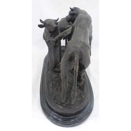 380 - After Pierre-Jules Mêne (French, 1810 - 1879)Cast bronze study in the form of two bulls either side ... 