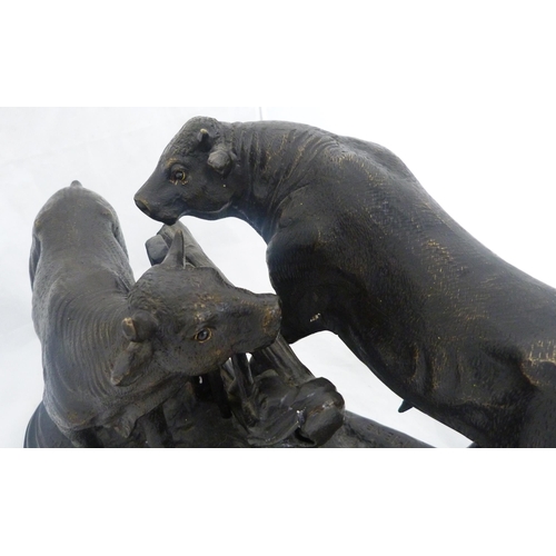 380 - After Pierre-Jules Mêne (French, 1810 - 1879)Cast bronze study in the form of two bulls either side ... 