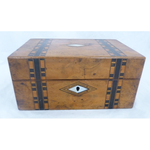 216 - Victorian Tunbridge walnut marquetry sewing box inset with mother of pearl lozenge to the hinged top... 