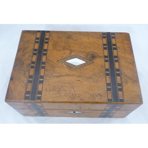 216 - Victorian Tunbridge walnut marquetry sewing box inset with mother of pearl lozenge to the hinged top... 