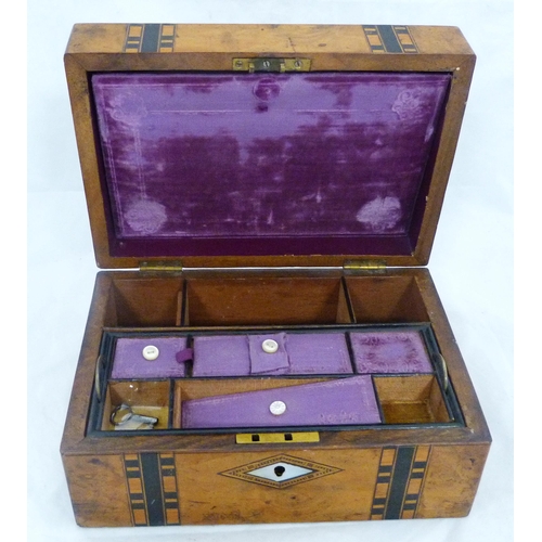 216 - Victorian Tunbridge walnut marquetry sewing box inset with mother of pearl lozenge to the hinged top... 