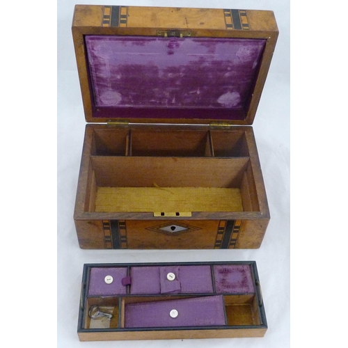 216 - Victorian Tunbridge walnut marquetry sewing box inset with mother of pearl lozenge to the hinged top... 