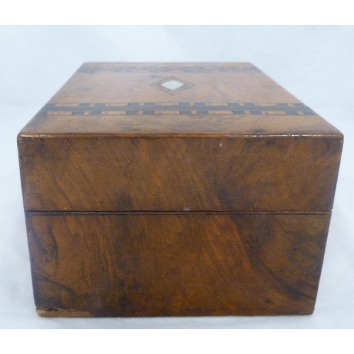 216 - Victorian Tunbridge walnut marquetry sewing box inset with mother of pearl lozenge to the hinged top... 