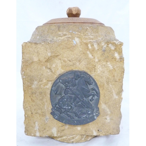 214 - WWII bomb-damaged Houses of Parliament stone tobacco jar and cover, with pewter seal crest, 'London ... 