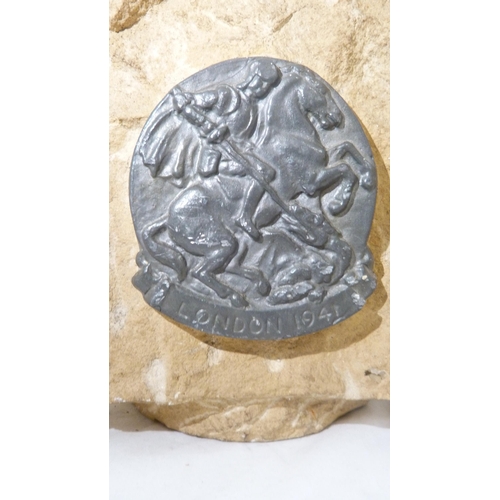 214 - WWII bomb-damaged Houses of Parliament stone tobacco jar and cover, with pewter seal crest, 'London ... 