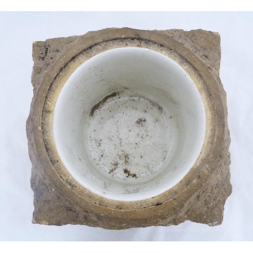 214 - WWII bomb-damaged Houses of Parliament stone tobacco jar and cover, with pewter seal crest, 'London ... 