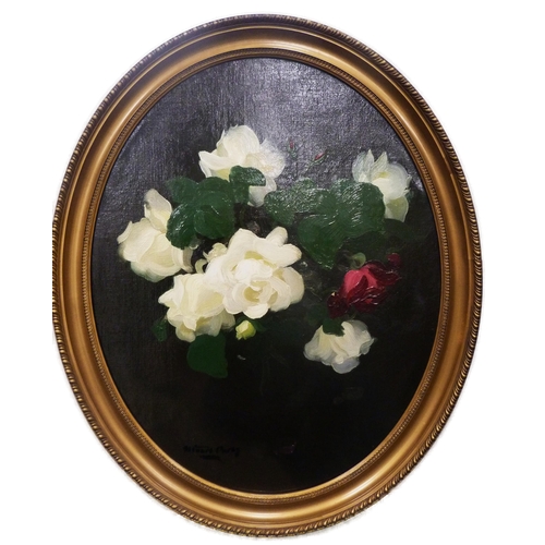 367 - James Stuart Park (British, 1862 - 1933)White rosesSigned, oil on board, 61cm x 48.5cm, in oval gilt... 