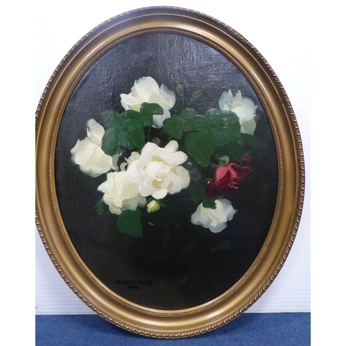 367 - James Stuart Park (British, 1862 - 1933)White rosesSigned, oil on board, 61cm x 48.5cm, in oval gilt... 