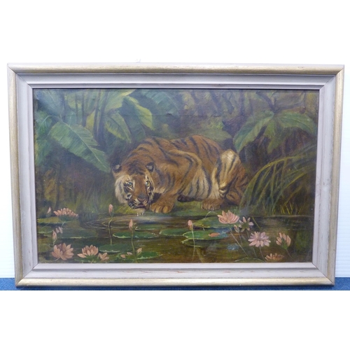 368 - John Trivett Nettleship (British, 1841 - 1902)Prowling Tiger at the Lily PadsSigned JT Nettleship, o... 