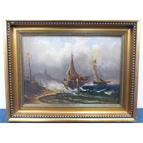 372 - 19th Century British SchoolBoats on a stormy seaMonogrammed EL to lower left, oil on canvas, 23.5cm ... 