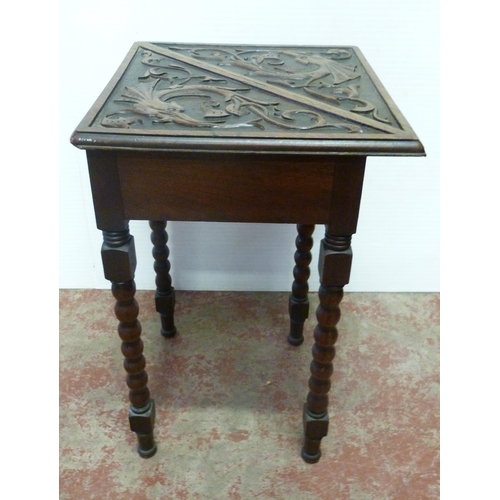 434 - Late 19th century Scottish oak handkerchief corner table, with carved mythical creatures to the top ... 