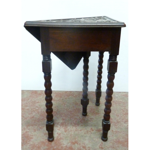 434 - Late 19th century Scottish oak handkerchief corner table, with carved mythical creatures to the top ... 