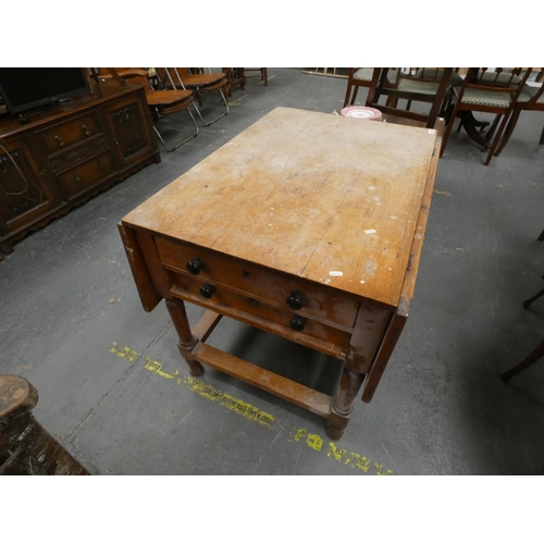 496 - Antique Georgian, drop leaf pine dining table with four drawers.