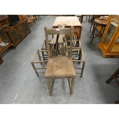 497 - Four church pray chairs and elm high chair.