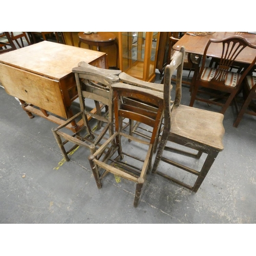 497 - Four church pray chairs and elm high chair.