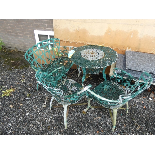 520 - Antique patio table, two seater chair and two aluminium chairs.