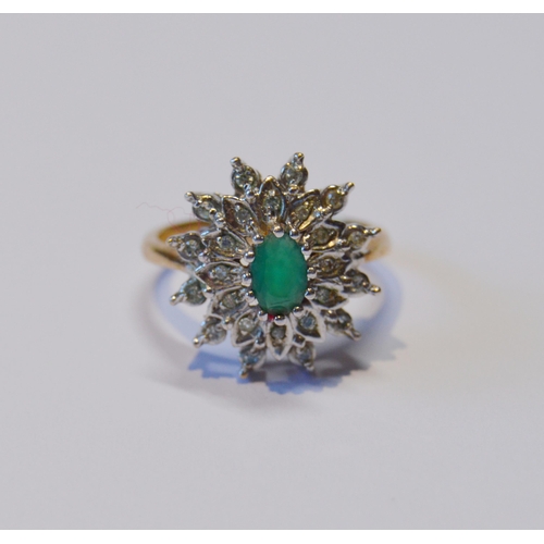 112 - Diamond and emerald oval cluster ring with eight-cut brilliants, in 9ct gold, size L½, 4g gross.