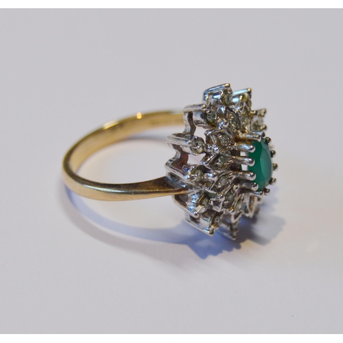 112 - Diamond and emerald oval cluster ring with eight-cut brilliants, in 9ct gold, size L½, 4g gross.