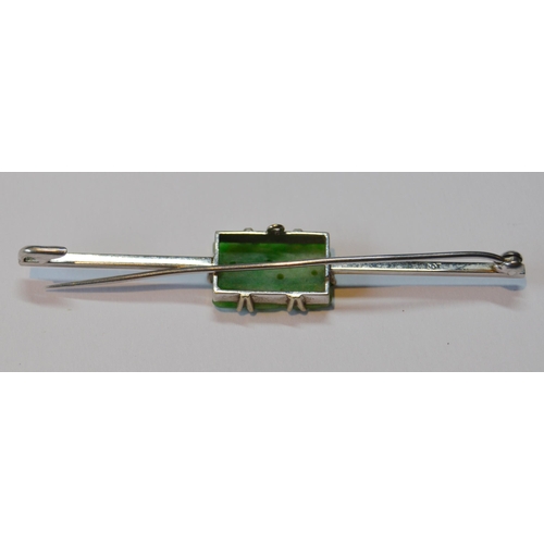 116 - Chinese 9ct white gold hand carved jade panel-set brooch, jade inset approximately 15mm, 3.8g gross,... 