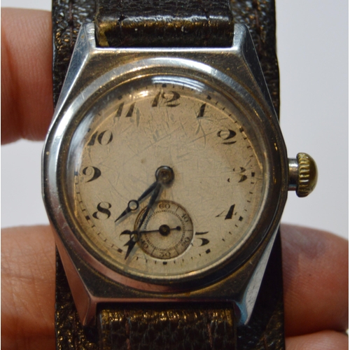 180 - Lady's 9ct gold-backed wristwatch, monogrammed to the back casing, on mourning cloth strap, a Cyma m... 