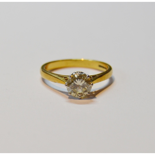 121 - Diamond solitaire ring with brilliant, approximately .8ct, in 18ct gold, size O, 3.3g gross.