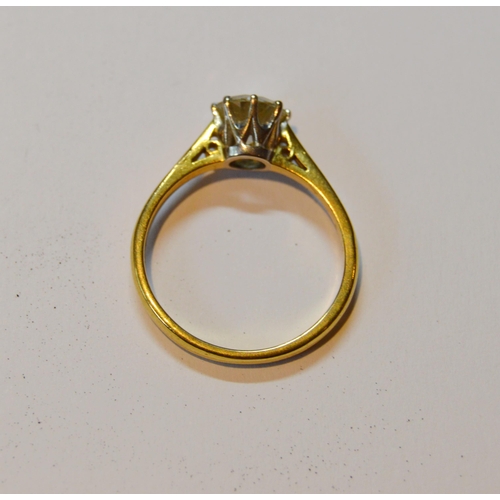 121 - Diamond solitaire ring with brilliant, approximately .8ct, in 18ct gold, size O, 3.3g gross.