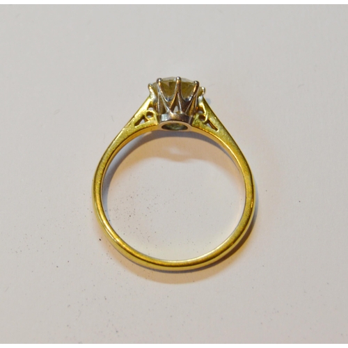 121 - Diamond solitaire ring with brilliant, approximately .8ct, in 18ct gold, size O, 3.3g gross.