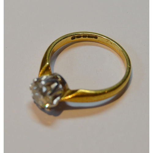 124 - Diamond solitaire ring with brilliant, approximately .8ct, in 18ct gold, size K, 3.9g gross.